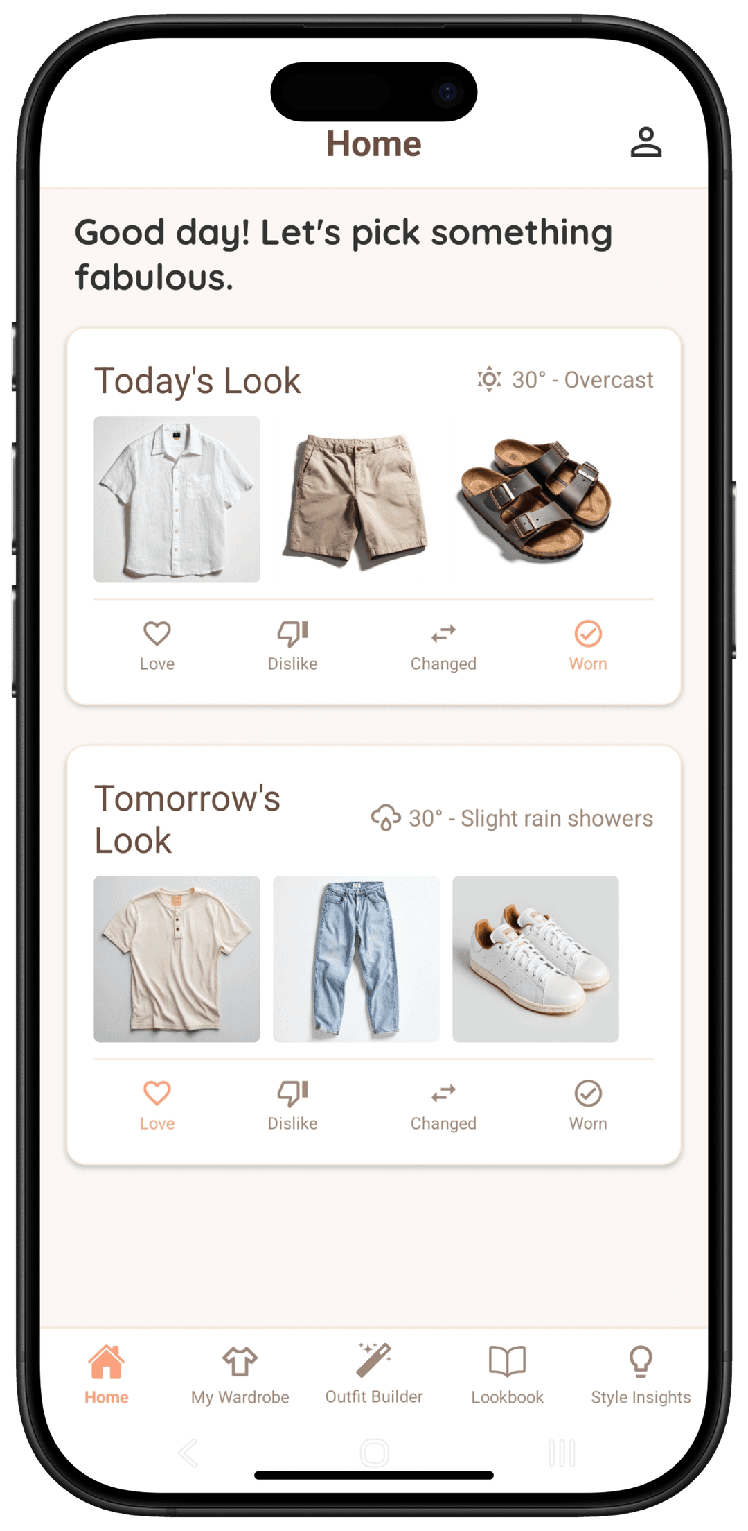 Wearli home screen showing today's outfit suggestion with weather forecast and one-tap selection