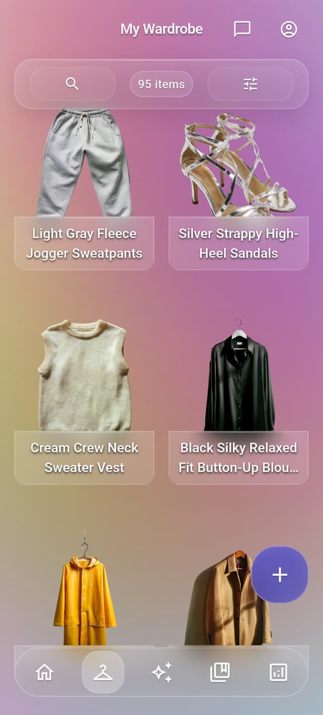 Wearli wardrobe screen showing a searchable grid of saved clothing items